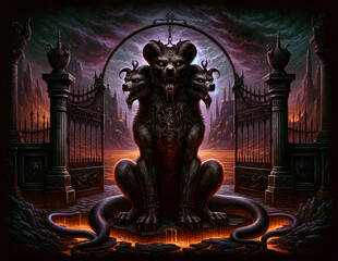 illustration of the mythological creature, Cerberus, guarding the gates of the Underworld