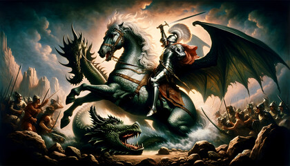 illustration of the mythological scene from St. George and the Dragon, capturing a pivotal moment of confrontation