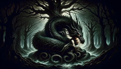 illustration of the mythological creature Níðhöggr, gnawing at the roots of Yggdrasil, the World Tree, in Norse mythology