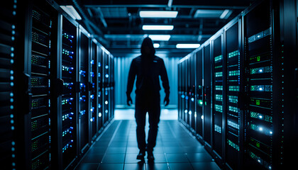 Hacker inside Data Center hacking the Information storage warehouse. Cyber security, protection...