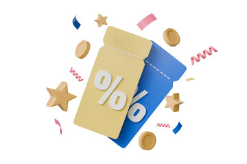 3d minimal cartoon voucher coupon discount sale price ticket with coins and star falling icon. Blue and yellow voucher colour.3d rendering.