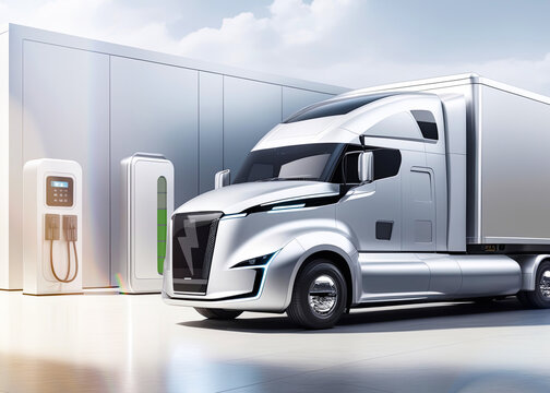 Futuristic electric truck charges battery. Green mobility and sustainability environment concept.