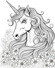 Obraz na płótnie Canvas white horse with a mane Vector illustration of a cute animal square coloring book page for children. Featuring a simple, funny kid's drawing with bold black lines sketched on a crisp white background.