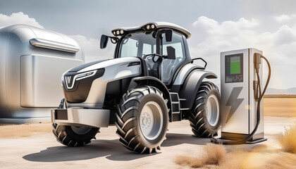 Futuristic electric farm tractor charges battery. Concept of green mobility, sustainable environment