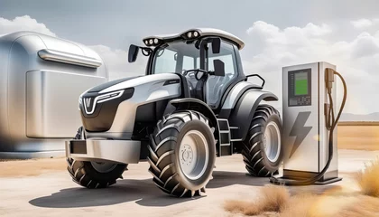  Futuristic electric farm tractor charges battery. Concept of green mobility, sustainable environment © Fabio Principe