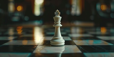 A lone white king chess piece stands on a glossy chessboard, highlighted by bokeh lights
