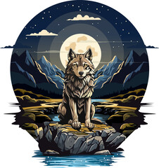 the wolf sitting on the stone with moonlight, mountain and river background in the night. Vector illustration of a wolf in the mountains.