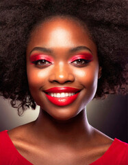 Portrait of a Black woman with afro hair, smiling face, and professional red makeup