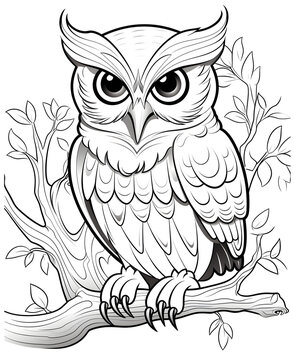 owl sitting on branch Vector illustration of a cute animal square coloring book page for children. Featuring a simple, funny kid's drawing with bold black lines sketched on a crisp white background.
