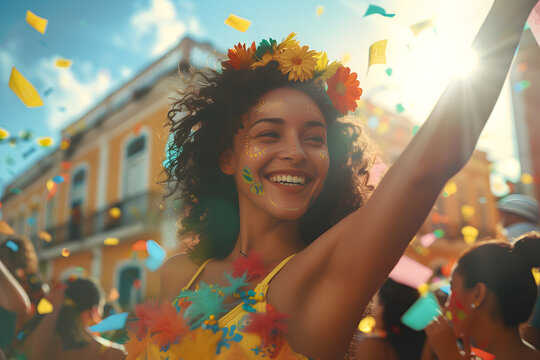 Uma bela jovem sorridente fantasiada se divertindo no carnaval: Uma Explos&atilde;o de Alegria e Cores, IA Generativa	