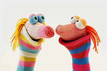 Puppet show: two dolls made of multi-colored socks talk to each other on a white background