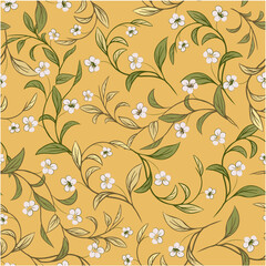 Seamless ditsy floral pattern on a yellow background