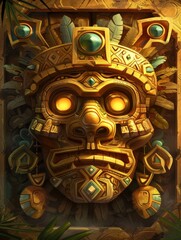 Golden Aztec Mask Amidst the Shadows of a Dense Jungle