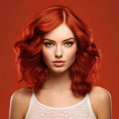 Fototapeta premium Portrait of beautiful young woman with long red hair, Red background, Ai Generated