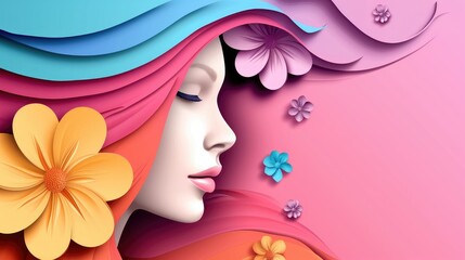 Alluring paper cutout of woman's face and floral patterns for international women s day
