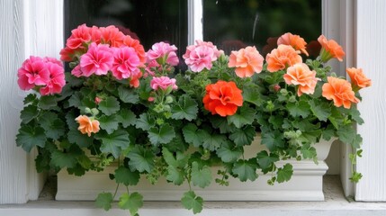 Fototapeta na wymiar Vibrant Pink Petunias in a Window Box on a Sunny Day
