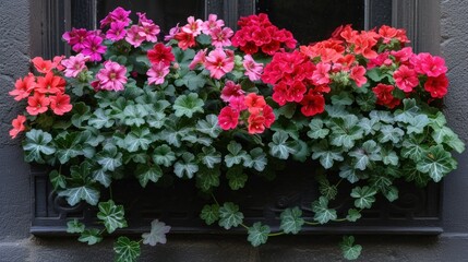 Fototapeta premium Vibrant Pink Petunias in a Window Box on a Sunny Day