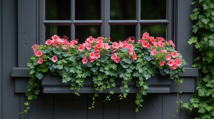 Fototapeta na wymiar Vibrant Pink Petunias in a Window Box on a Sunny Day
