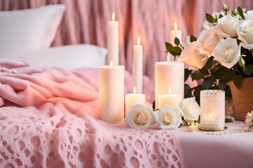 Fototapeta na wymiar Elegant White Roses and Candlelight with crochet blanket on pink pastel bedding for a Relaxing Night,