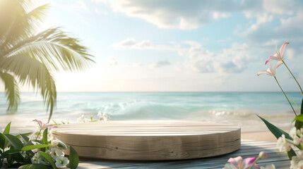 Summer product display on the wooden podium at sea tropical beach.