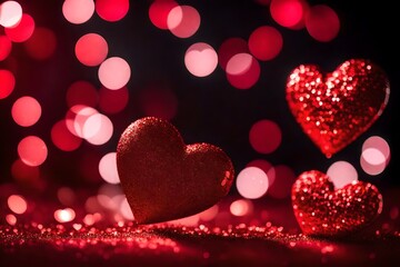 red glittery bokeh background with two glittered red hearts