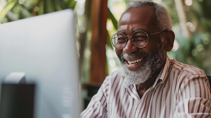 Happy elderly man using computer at home, smiling at the screen. lifestyle and technology. natural light, modern life. AI