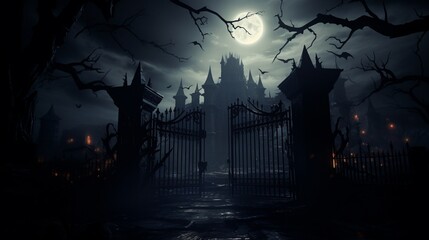 A Sinister Wrought Iron Gate of a Haunted Mansion: Welcoming Darkness and Mystery Beyond - obrazy, fototapety, plakaty