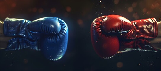 Two boxing gloves in a face-off, symbolic confrontation. red vs blue, sports equipment still life on dark background. concept of competition and challenge in sports. AI