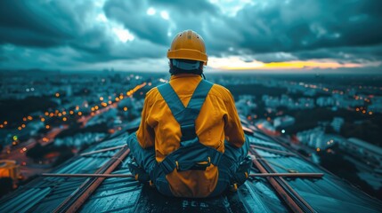 Back view of construction worker wearing safety uniform during working on roof structure - obrazy, fototapety, plakaty