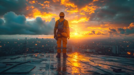 construction worker working on roof with solar panels, sunlights