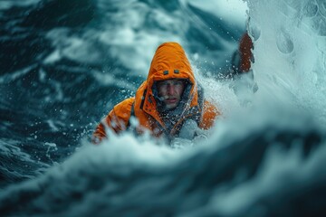 sailor fisherman at storm sea  - obrazy, fototapety, plakaty