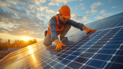 construction worker working on roof with solar panels, sunlights - obrazy, fototapety, plakaty