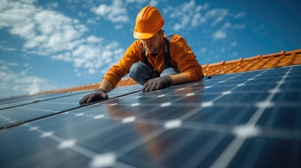 construction worker working on roof with solar panels, sunlights