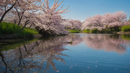 Beauty of a tranquil pond surrounded by blossoming cherry trees with their delicate pink petals floating gently on the water's surface and reflecting the vibrant blue sky above