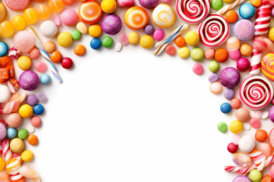 Assortment of colorful candies and sweets forming a border with white space in center.