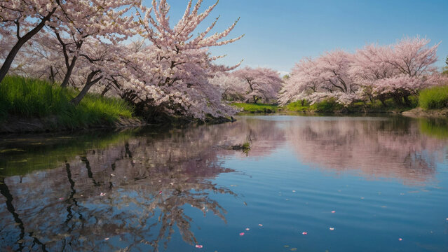 Beauty of a tranquil pond surrounded by blossoming cherry trees with their delicate pink petals floating gently on the water's surface and reflecting the vibrant blue sky above
