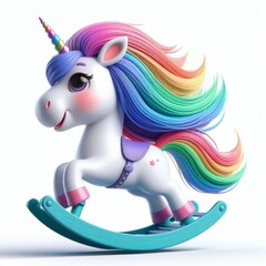 Unicorn on wooden rocking horse isolated on white background. 3d illustration