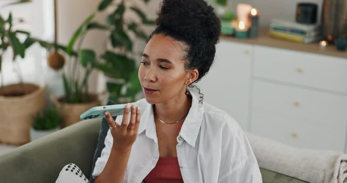 Happy woman, sofa and talking on speaker phone for voice note, recording or communication at home. Female person speaking on mobile smartphone or mic for audio message, networking or online chat