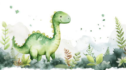 Cute Baby Dinosaur watercolor illustration style. Baby animals for nursery, baby shower, banners and birthday poster decoration. Copy space for text. Generative AI