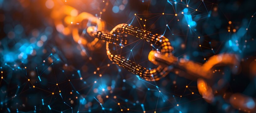 Close-up of shimmering blockchain link signifying security, fintech and digital data. focus on cyber concepts and cryptography. AI