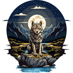 the wolf sitting on the stone with moonlight, mountain and river background in the night. Vector illustration of a wolf in the mountains.