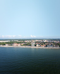 Naklejka na ściany i meble Baltic sea coastline with Zelenogradsk embankment for promenade. Kaliningrad region. Aerial