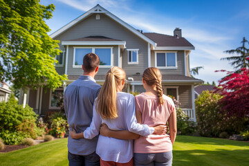 Happy family outdoors looking on their new modern house and hugging, rear view. Mortgage, home loan concept