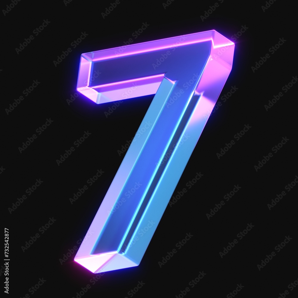 Poster 3d rendering of glowing number 7 in the dark. number seven sign with neon retro light. 3d illustrati