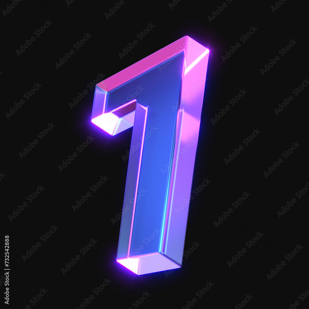 Poster 3d rendering of glowing number 1 in the dark. number one sign with neon retro light. 3d illustration