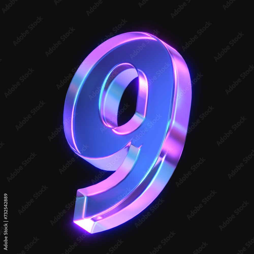Poster 3d rendering of glowing number 9 in the dark. number nine sign with neon retro light. 3d illustratio