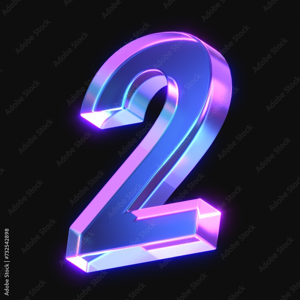 Aufkleber 3d rendering of glowing number 2 in the dark. number two sign with neon retro light. 3d illustration