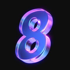 3d rendering of glowing number 8 in the dark. number eight sign with neon retro light. 3d illustration with glass gradient material