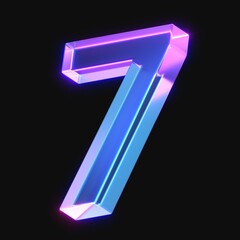 3d rendering of glowing number 7 in the dark. number seven sign with neon retro light. 3d illustration with glass gradient material