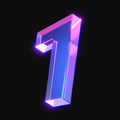 3d rendering of glowing number 1 in the dark. number one sign with neon retro light. 3d illustration with glass gradient material